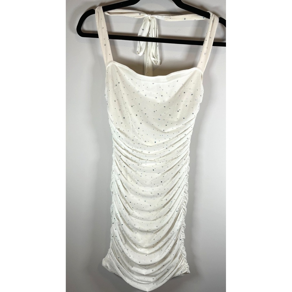 Lucy in the Sky‎ Ivory Rhinestone Mesh Ruched Bodycon Mini Dress Womens M